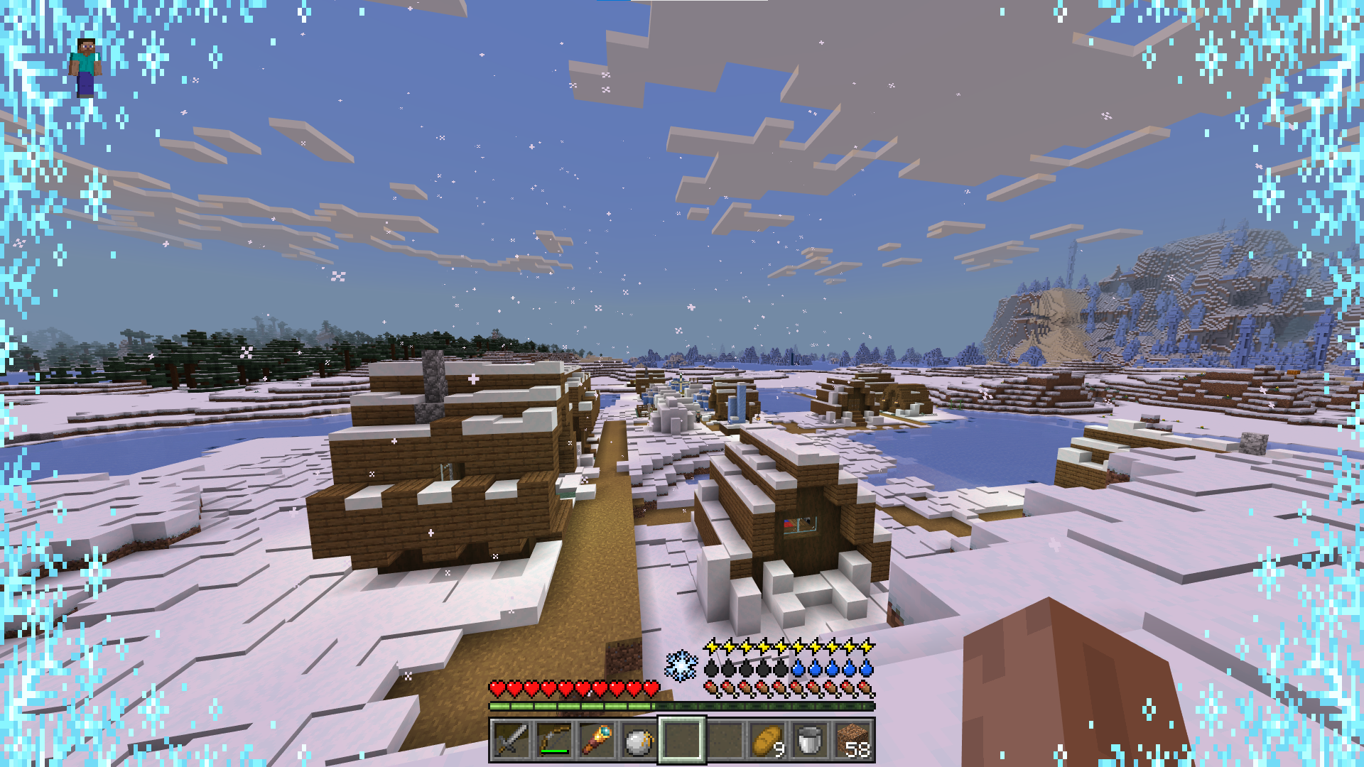 Steve freezing on a frozen river with custom HUD meters